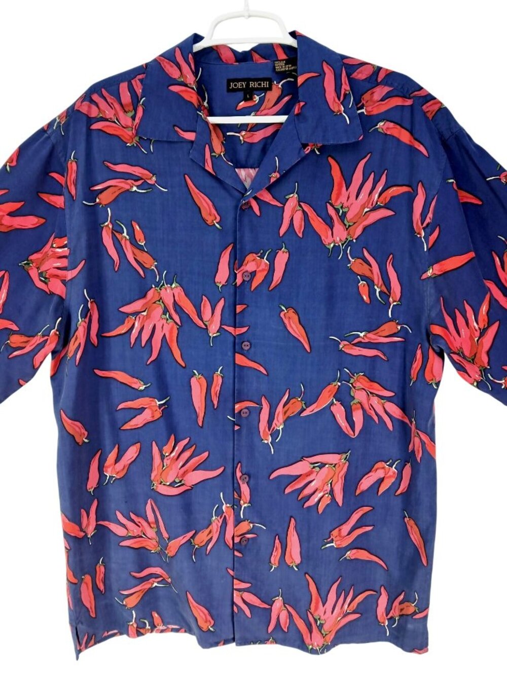 Vintage Joey Richi Mens Silk Chili Pepper Print Button Up Shirt Size L Blue Red - Picture 13 of 14